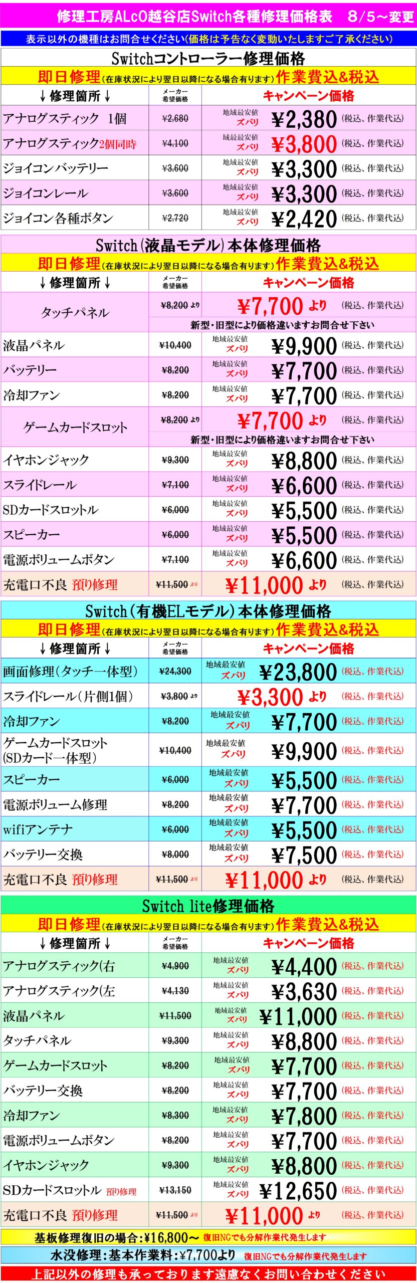 Switch修理は越谷市、越谷市、吉川市、松伏町、川口市、野田市、のお客様は当日修理で技術力地域ＮＯ１、総務省修理登録店、越谷駅徒歩３分のALCo越谷ショッピングスクエア２階フレンド越谷店へ