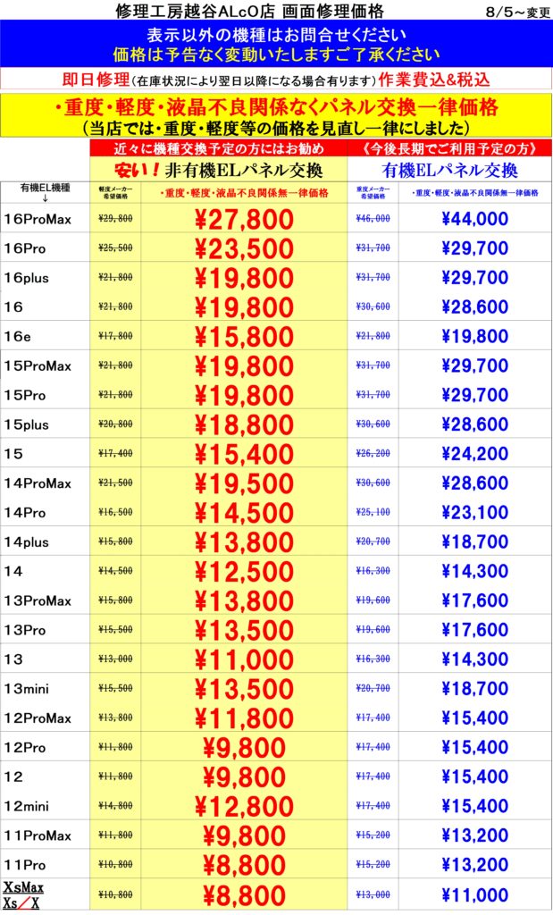 2.iPhone画面修理価格表 | スマホ修理屋 フレンドAlco越谷店 iPhone
