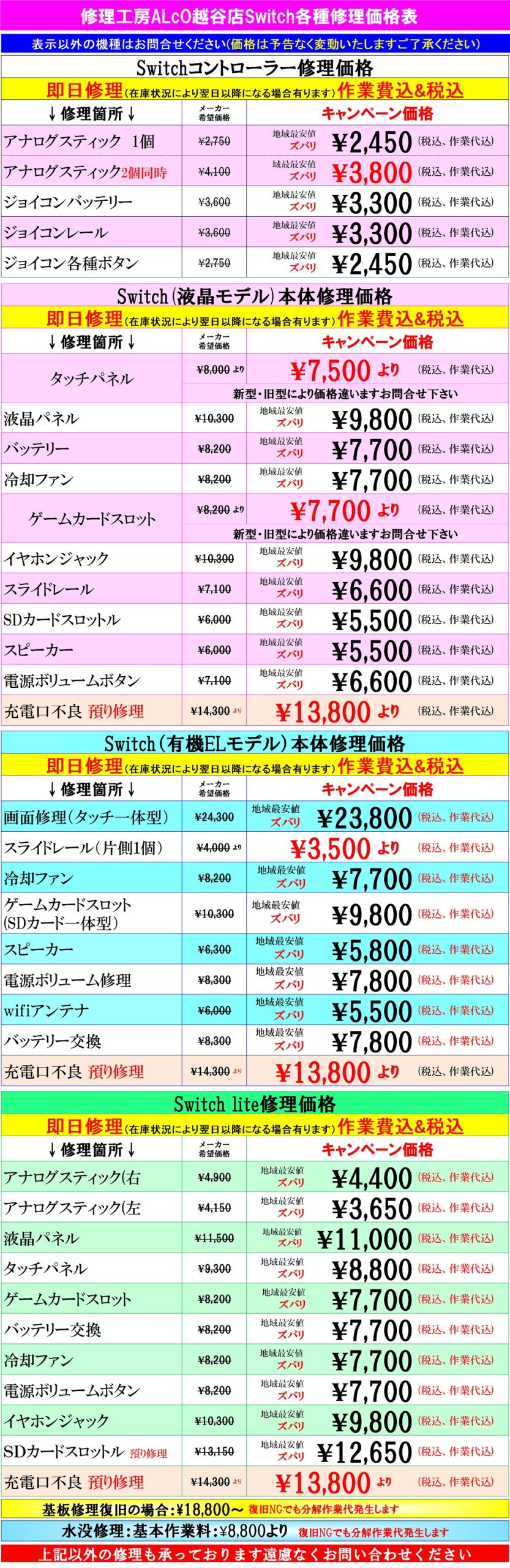 Switch修理は越谷市、越谷市、吉川市、松伏町、川口市、野田市、のお客様は当日修理で技術力地域ＮＯ１、総務省修理登録店、越谷駅徒歩３分のALCo越谷ショッピングスクエア２階　スマホ修理工房ALCo越谷店へ